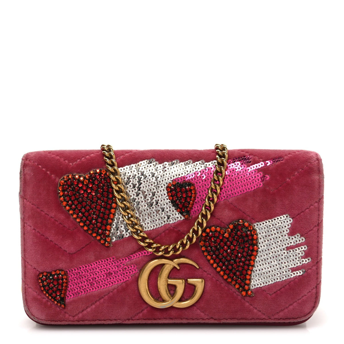 Velvet Matelasse Crystal Sequin Heart Embroidered GG Marmont Mini Bag Light Raspberry Rose