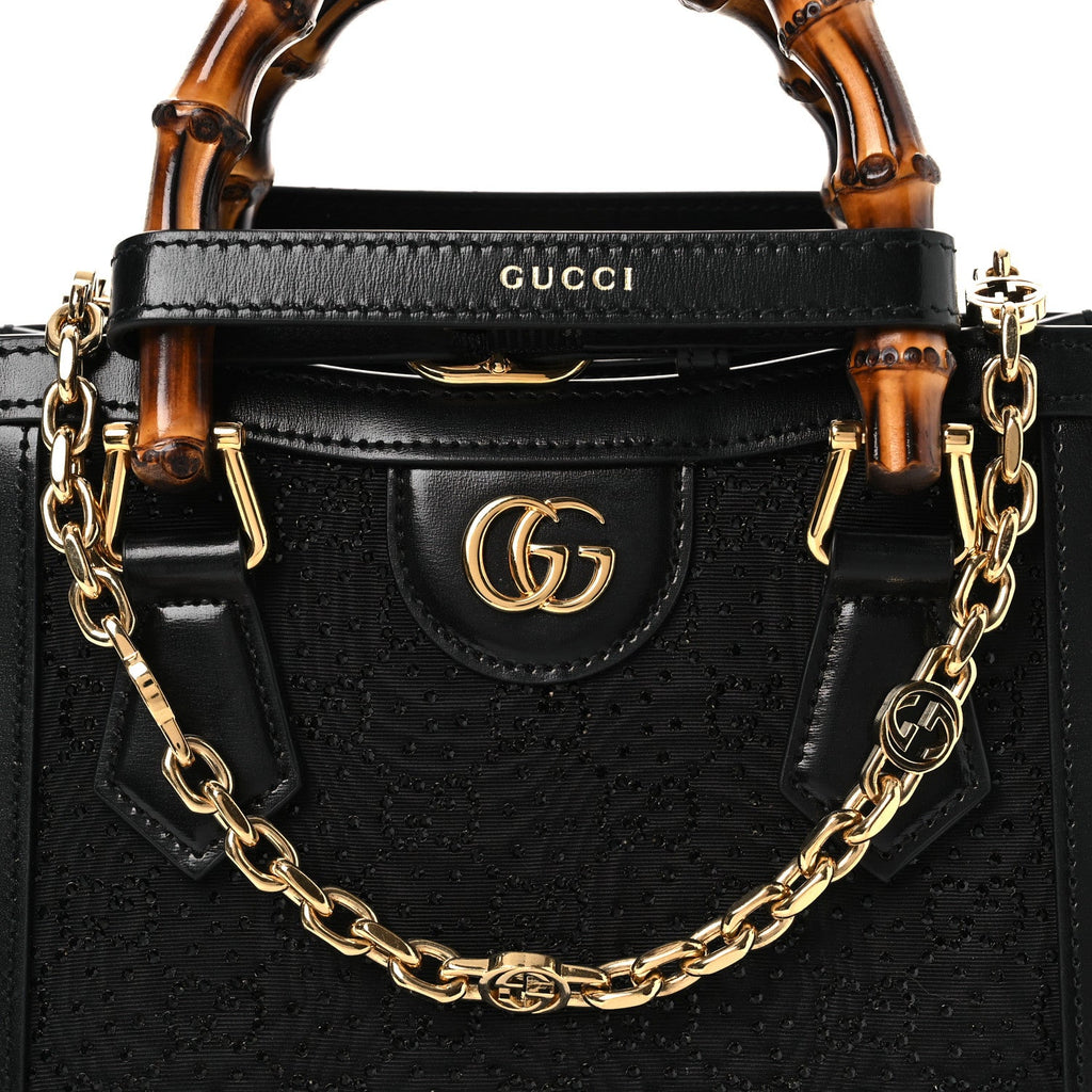 New Canvas Charisma Calfskin Crystal GG Monogram Mini Diana Tote Black