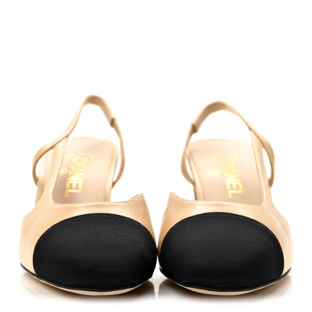 Goatskin Grosgrain Cap Toe CC Slingback Pumps 38 Beige Black