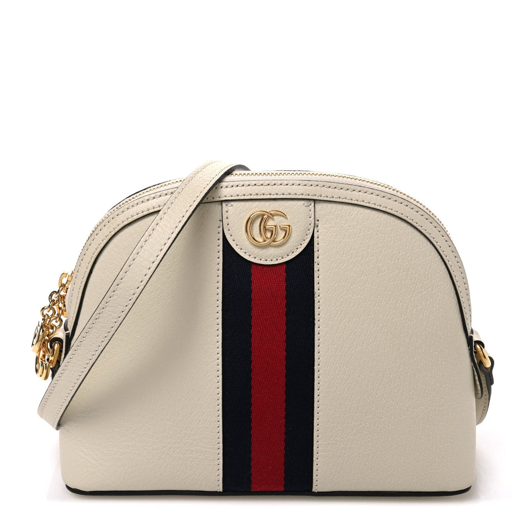 Textured Dollar Calfskin Web Small Ophidia Dome Shoulder Bag Mystic White
