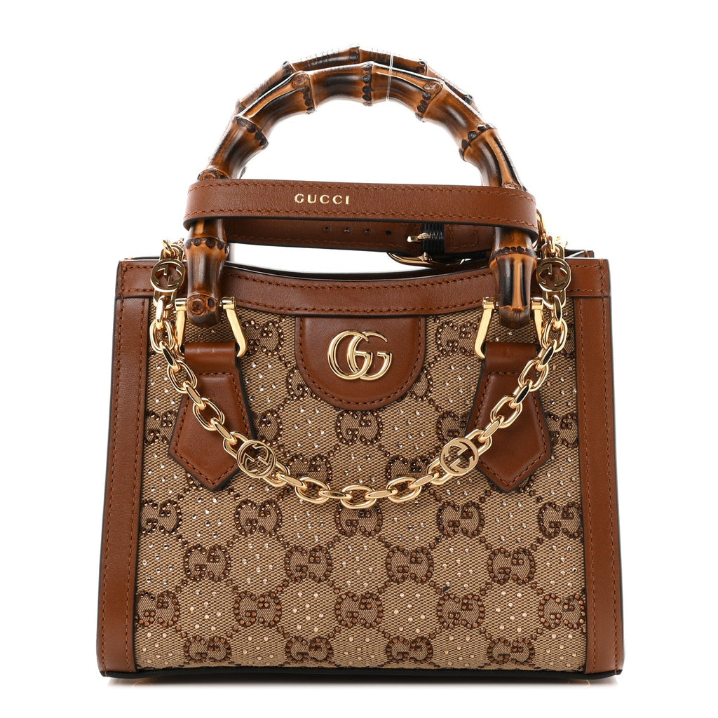 New Canvas Charisma Calfskin Crystal GG Monogram Mini Diana Tote Bag Camel Ebony