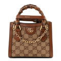 New Canvas Charisma Calfskin Crystal GG Monogram Mini Diana Tote Bag Camel Ebony