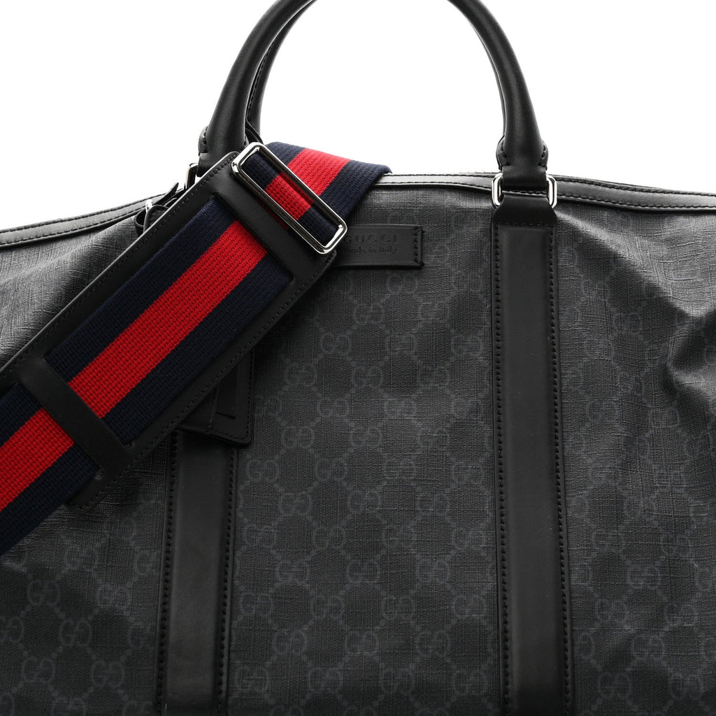 Soft GG Supreme Monogram Appia Calfskin Web Large Carry On Duffle Bag Black Grey
