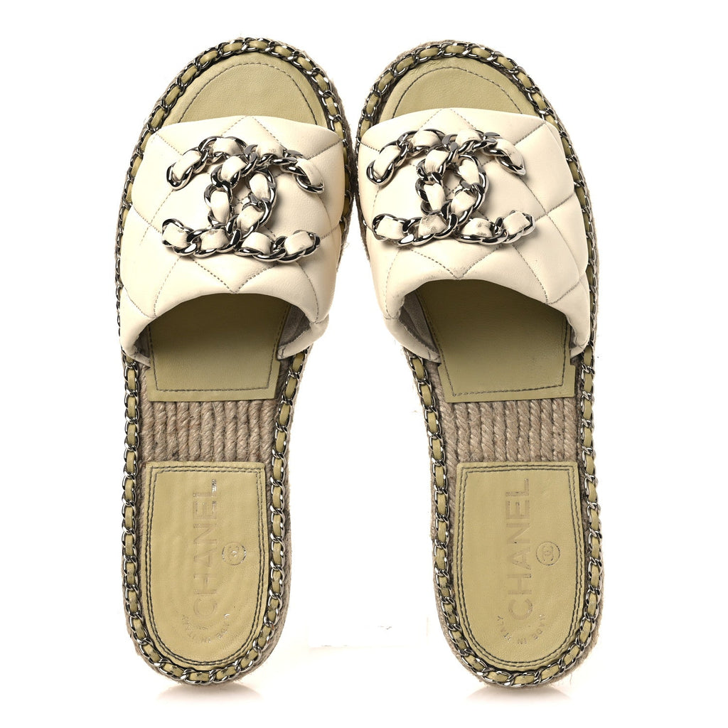 Lambskin Quilted CC Chain Espadrille Mules 38 White