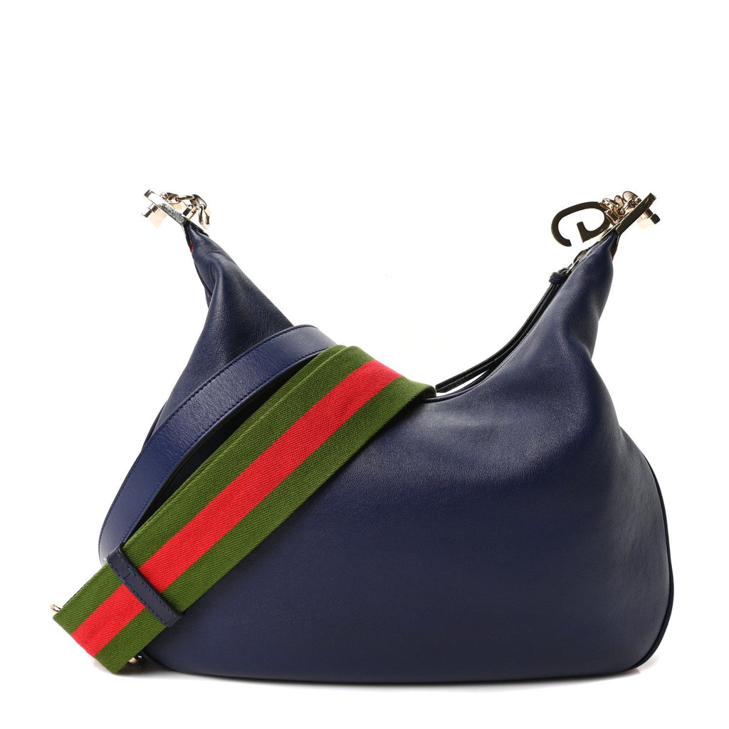 Aria Calfskin Web Large Attache Shoulder Bag Navy