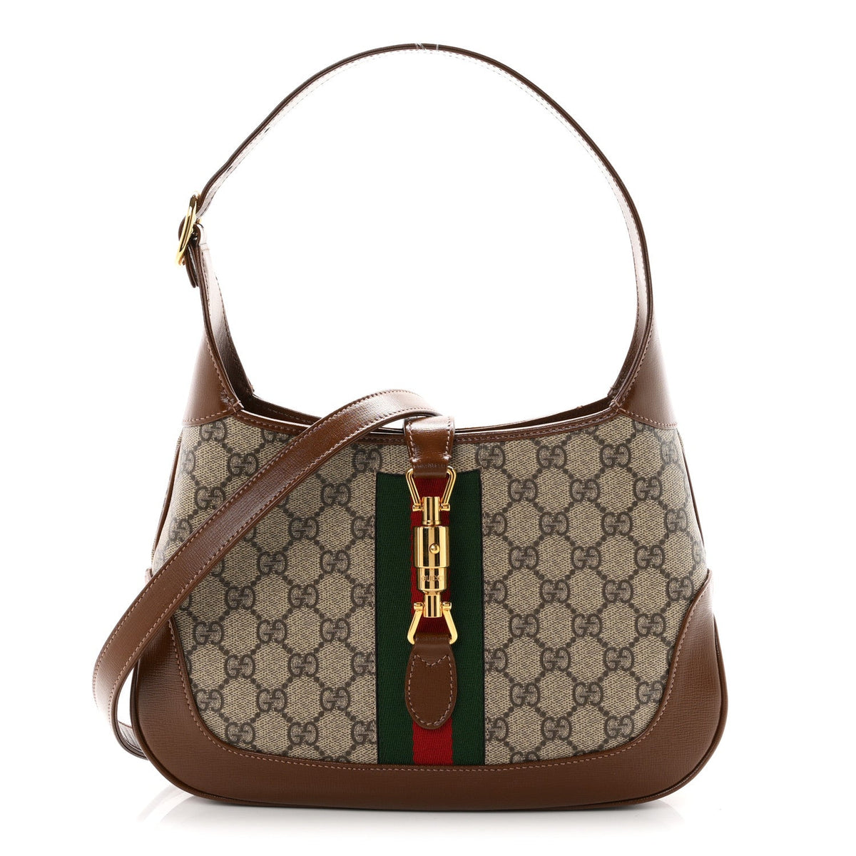 GG Supreme Monogram Azalea Calfskin Web Small Jackie 1961 Hobo Beige Ebony Brown Sugar