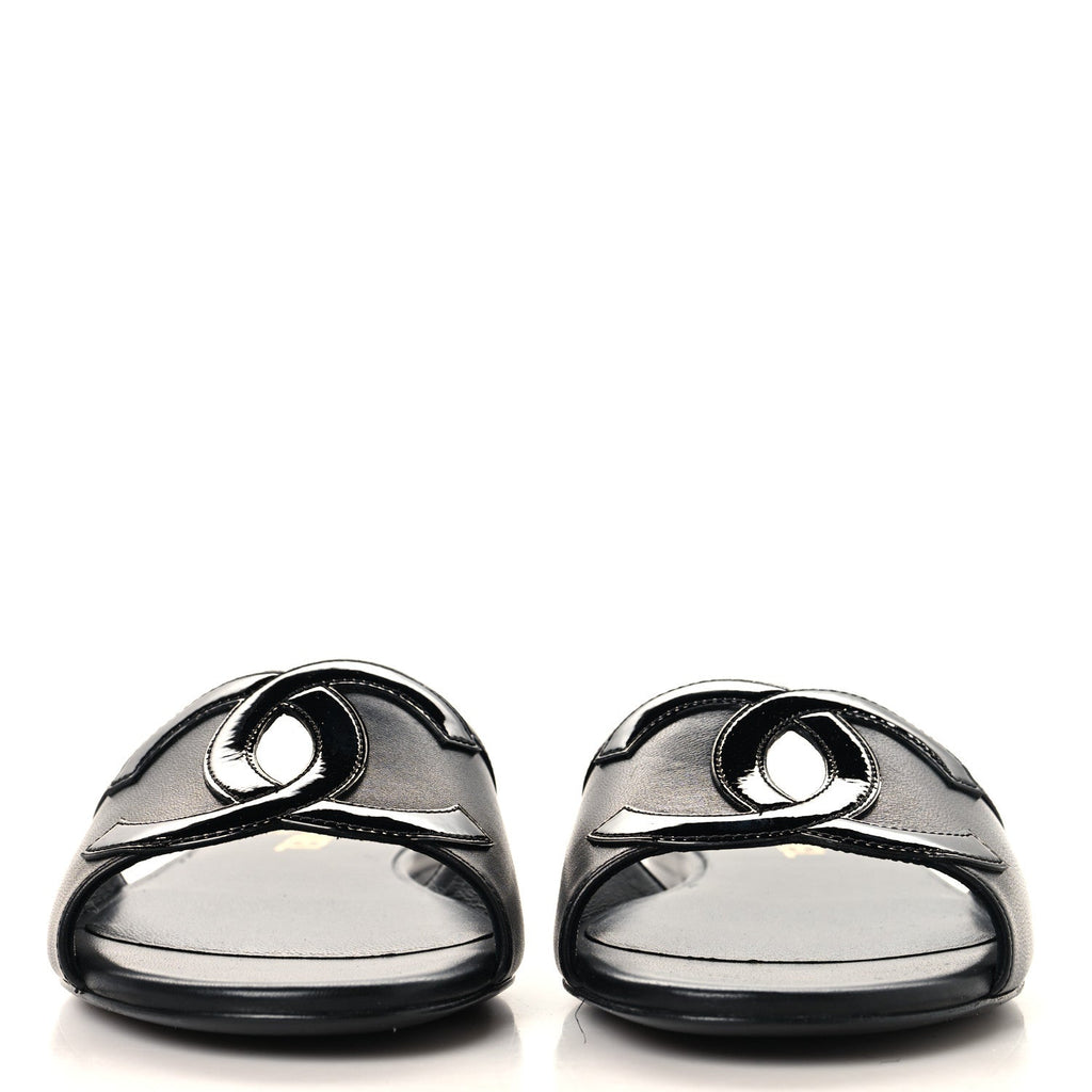 Lambskin Patent Calfskin CC Cutout Mules 38 Black