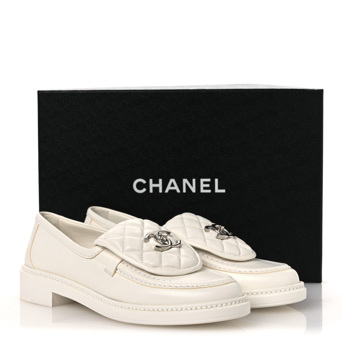 Shiny Lambskin Quilted CC Turnlock Loafers 37.5 White