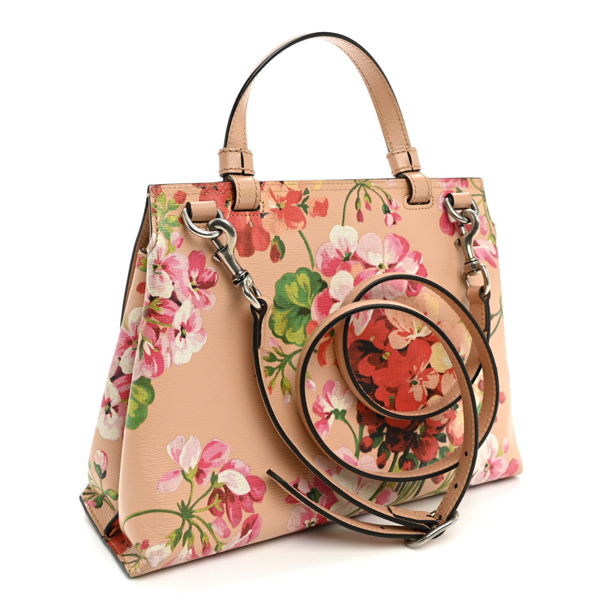 Shangai Calfskin Blooms Print Small Bamboo Daily Top Handle Bag Pink Apricot Multicolor