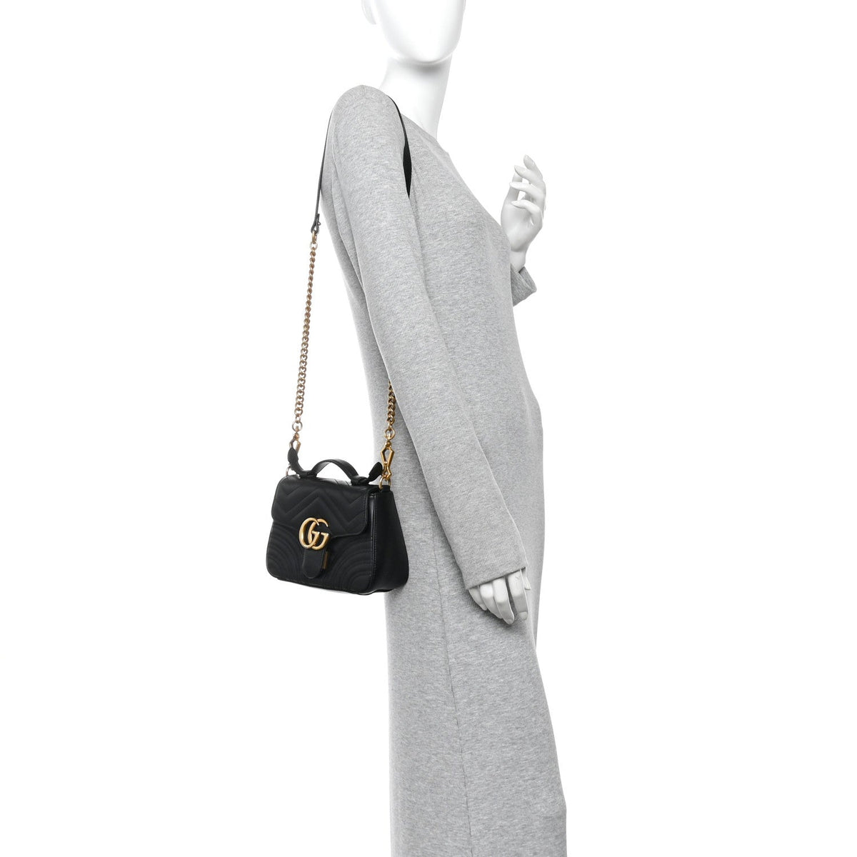 Calfskin Matelasse Mini GG Marmont Top Handle Shoulder Bag Black