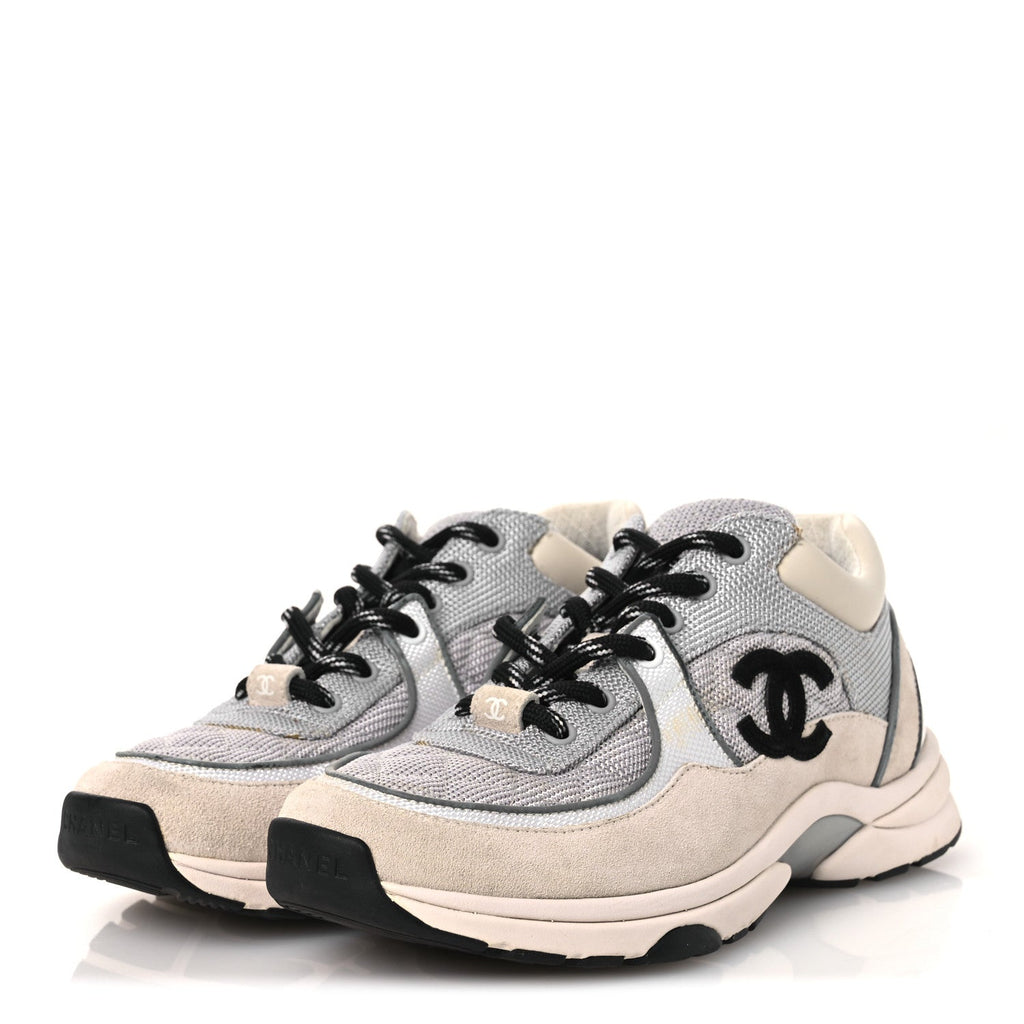 Mesh Suede Calfskin Grained Calfskin Womens CC Sneakers 37 Grey White