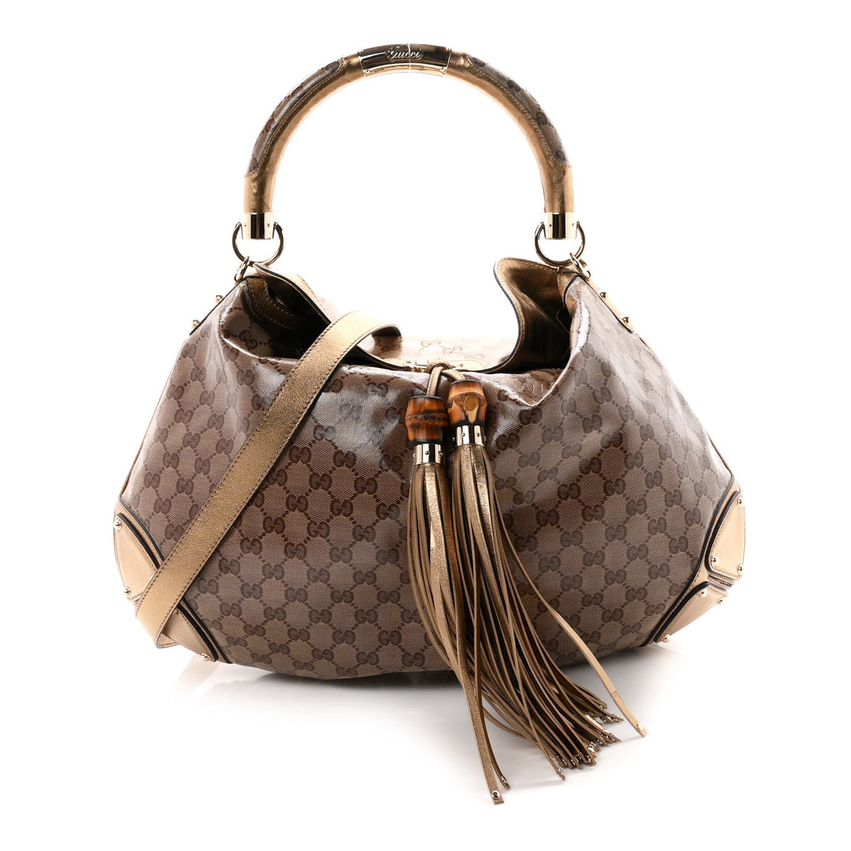 Crystal Monogram Metallic Calfskin Large Indy Top Handle Bag Beige Ebony Gold