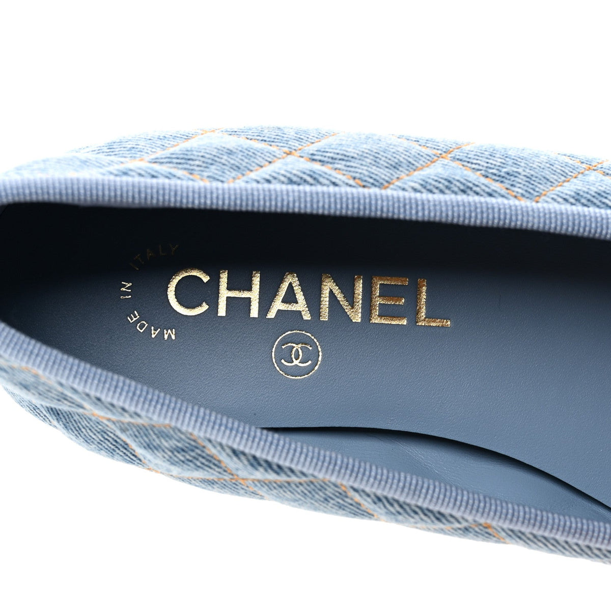 Denim Quilted CC Cap Toe Ballerina Flats 36.5 Light Blue
