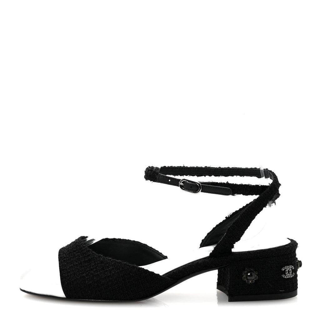 Tweed Iridescent Calfskin Cap Toe CC Slingback Pumps 37 Black Silver