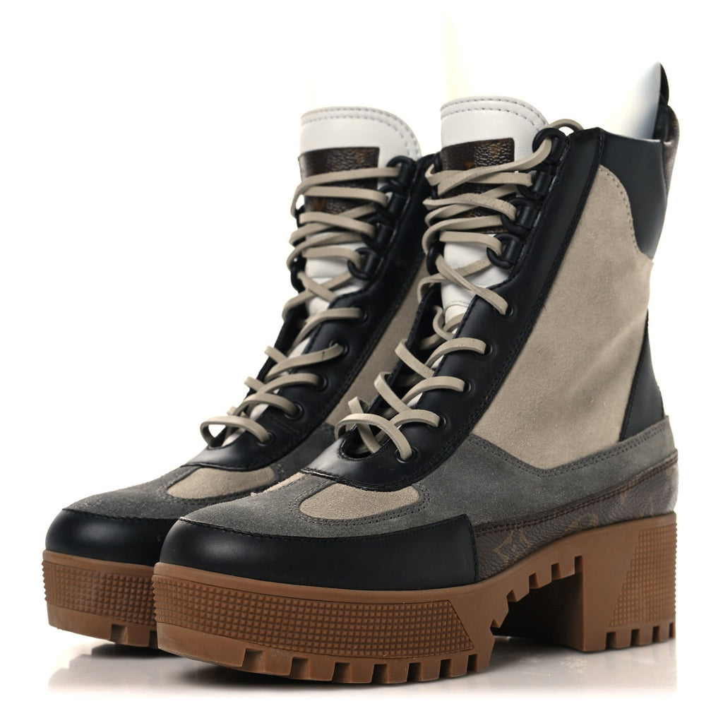 Suede Calfskin Monogram Laureate Platform Desert Boots 37 Grey