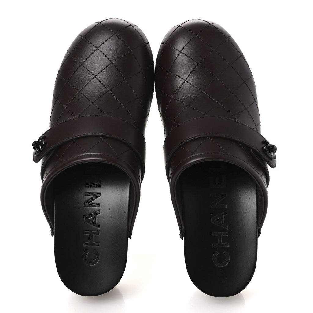 Calfskin CC Turn Lock Clogs 36 Dark Brown