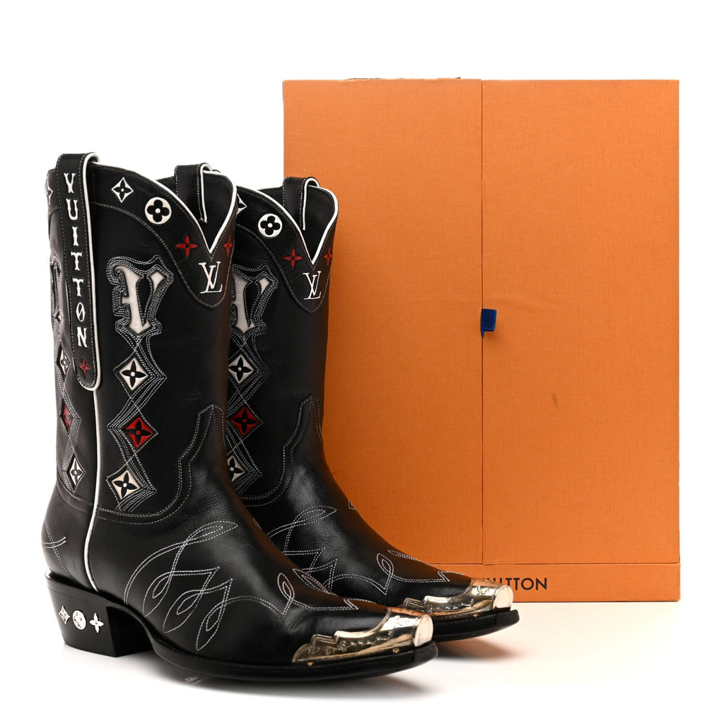 Calfskin LV Texan Mens Rider Boots 10.5 Black Silver