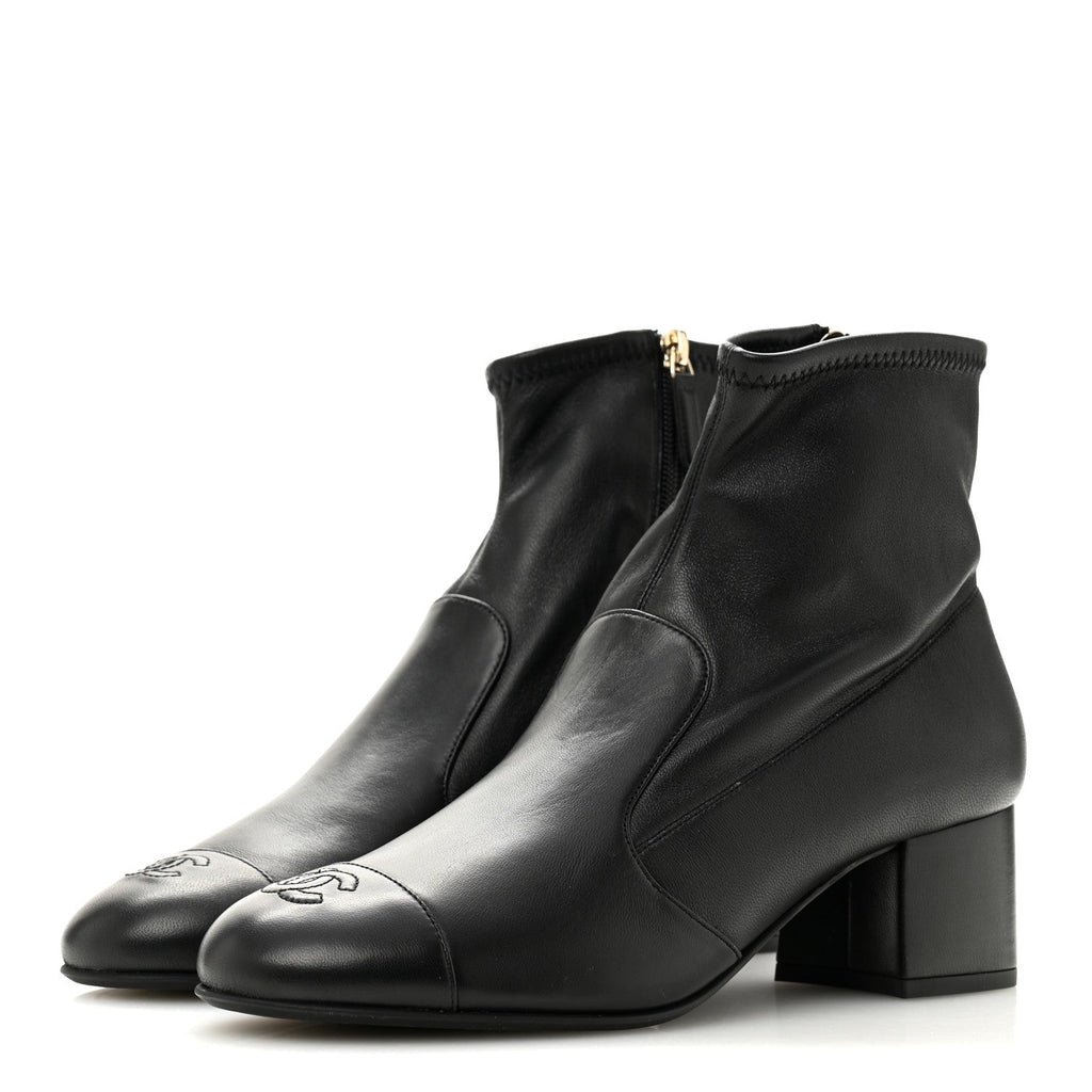 Stretch Lambskin Cap Toe CC Uniform Short Boots 40 Black