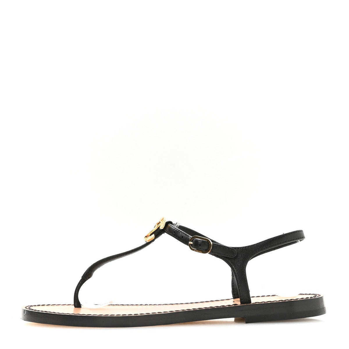 Lambskin CC Thong Sandals 36.5 Black Gold
