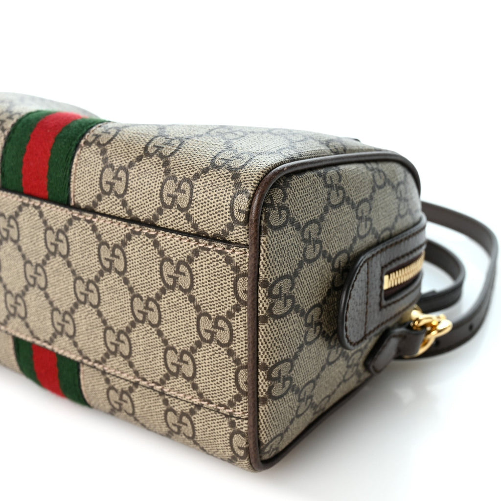 GG Supreme Monogram Textured Dollar Calfskin Web Mini Ophidia Top Handle Bag Beige Ebony New Acero