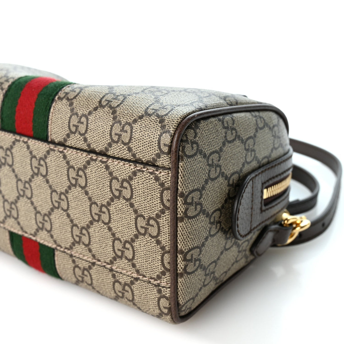 GG Supreme Monogram Textured Dollar Calfskin Web Mini Ophidia Top Handle Bag Beige Ebony New Acero