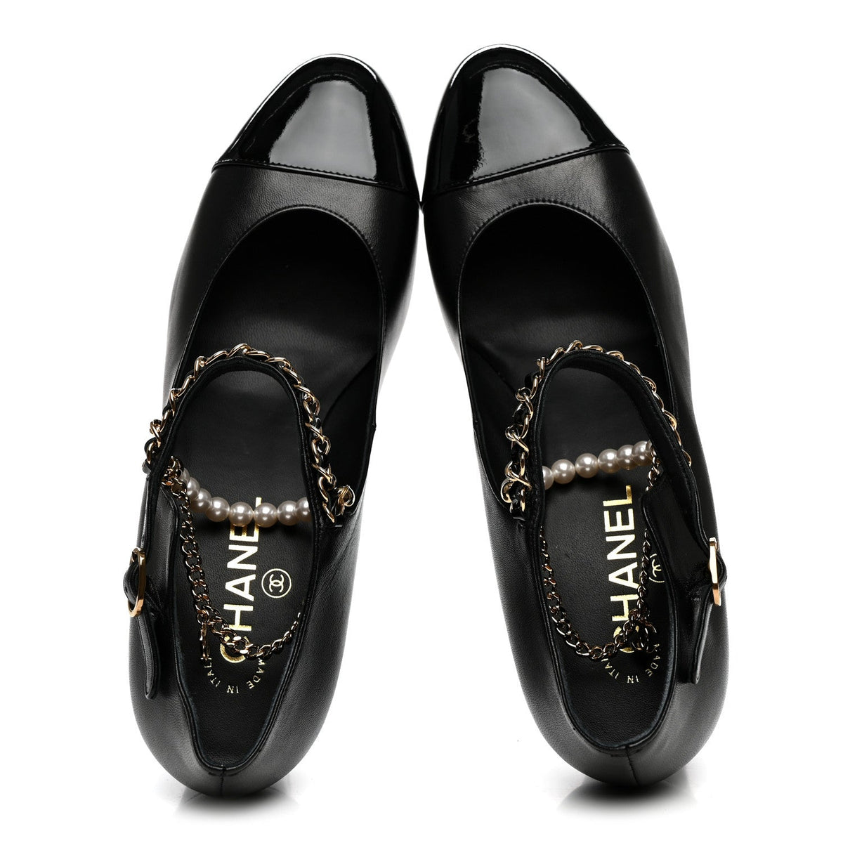 Shiny Lambskin Patent Calfskin Cap Toe Ankle Pearl Chain Pumps 39.5 Black