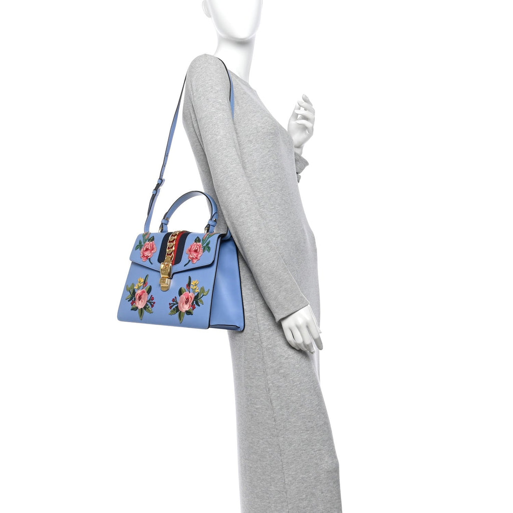 Calfskin Embroidered Medium Sylvie Top Handle Bag Clear Sky Blue