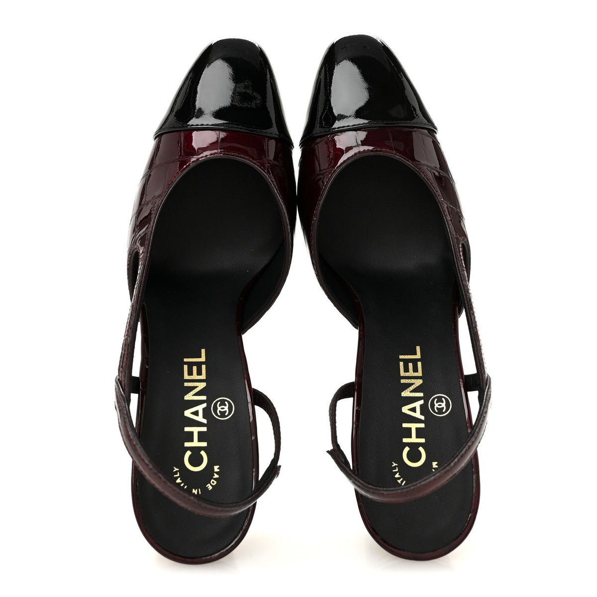 Patent Calfskin Crocodile Embossed Cap Toe CC Slingback Pumps 36.5 Dark Burgundy Black