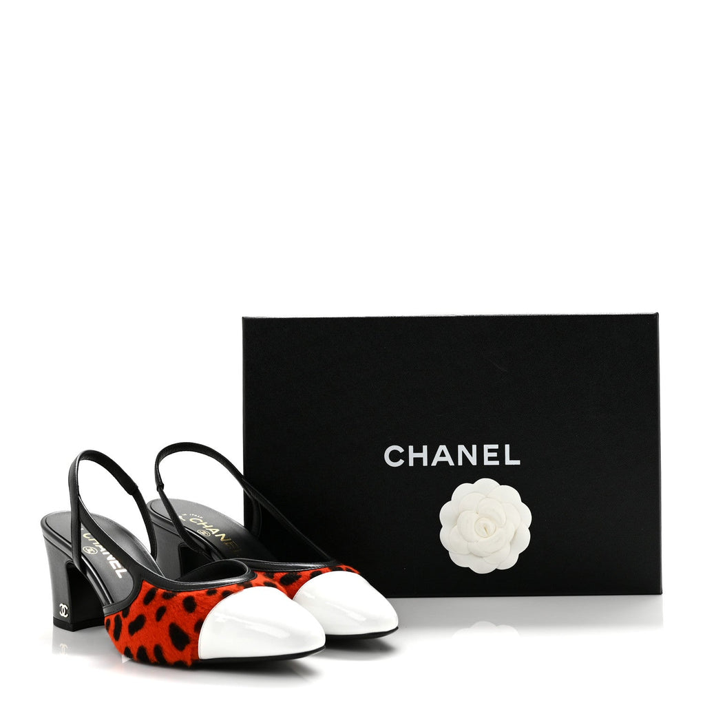 Lambskin Mixed Fibers Cap Toe CC Slingback Pumps 38 Orange Black White