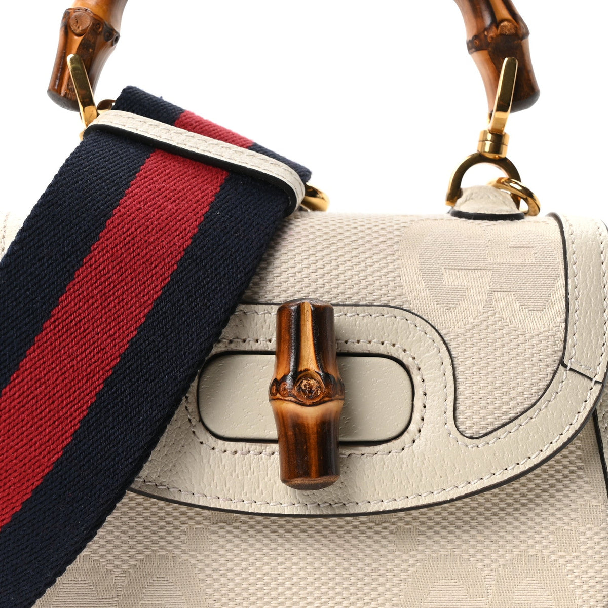 Monogram Jumbo GG Textured Dollar Calfskin Web Small Bamboo 1947 Top Handle Bag Off White