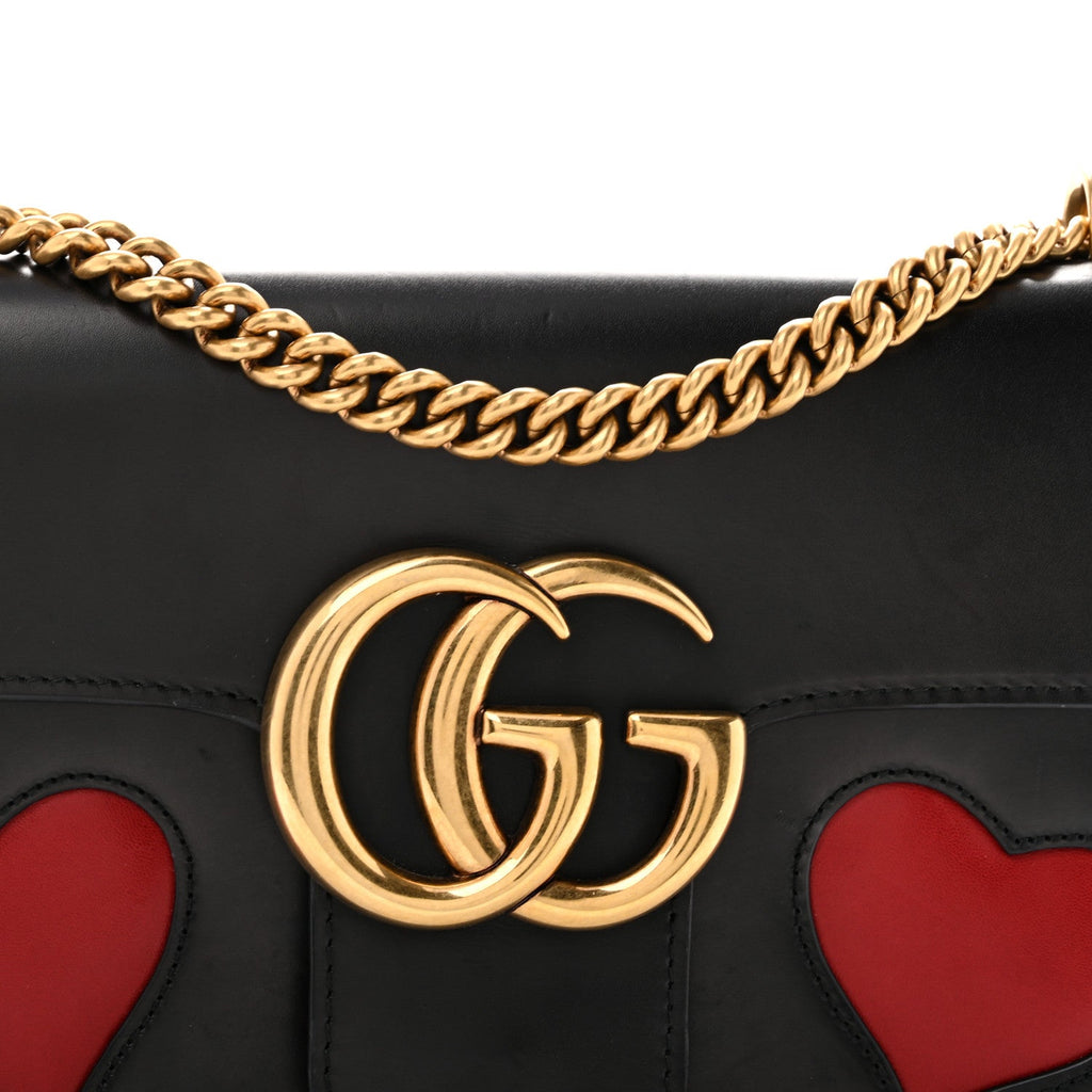 Knight Calfskin Malaga Kid Heart Medium GG Marmont Chain Handle Bag Black Hibiscus Red Multicolor