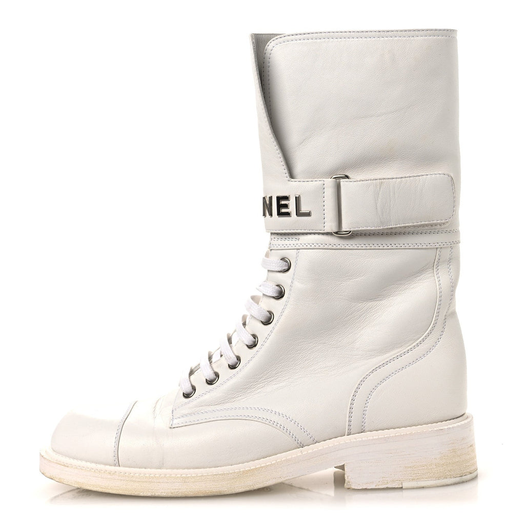 Calfskin Lace Up Logo Mid Calf Combat Boots 38.5 White Black