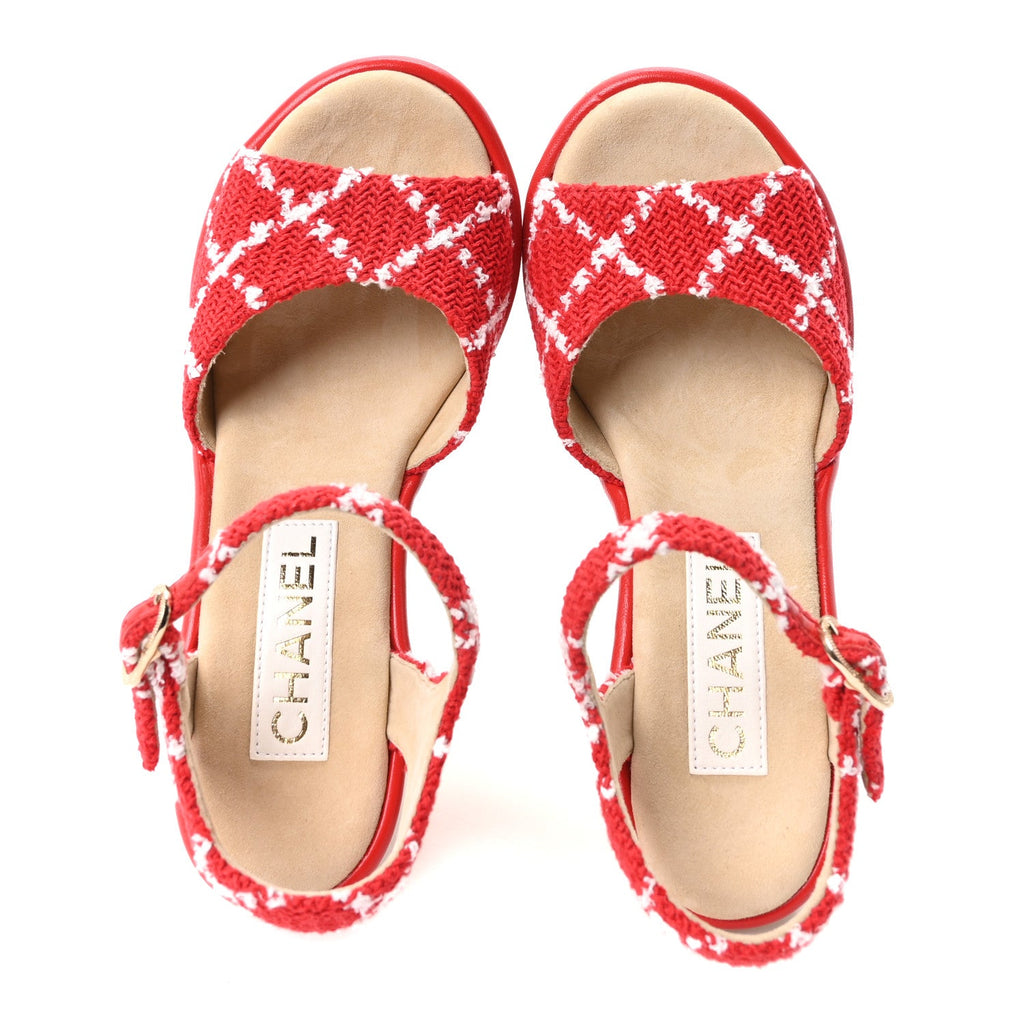 Cotton Tweed Cork CC Wedge Sandals 37 Red White