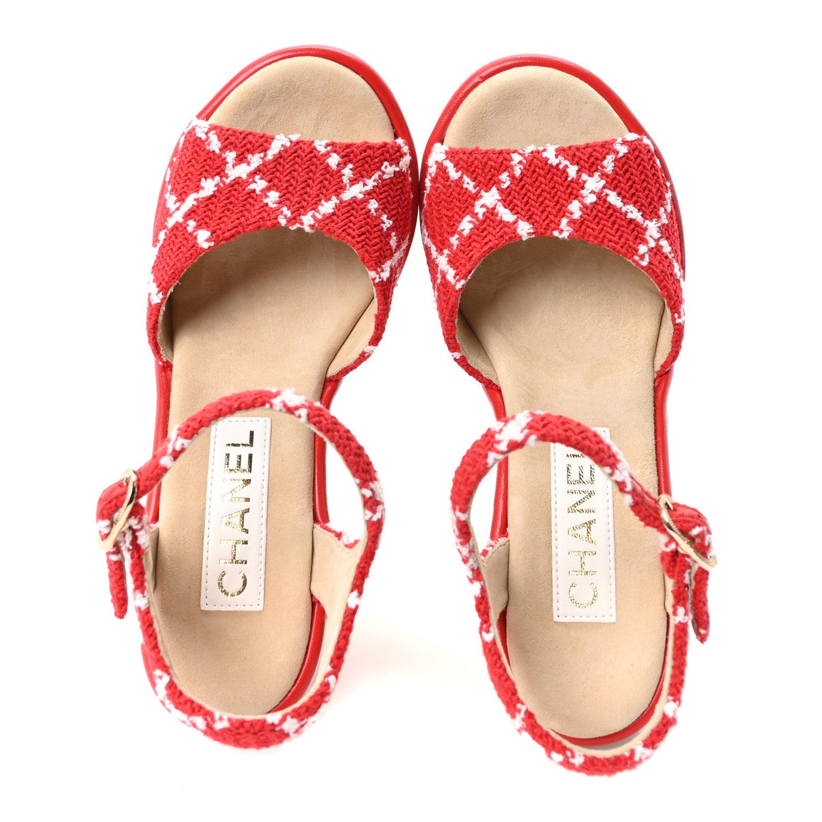 Cotton Tweed Cork CC Wedge Sandals 37 Red White