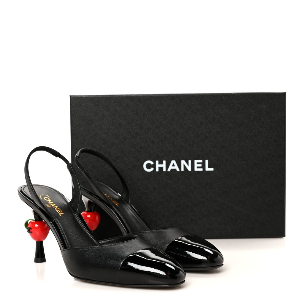 Lambskin Patent Cap Toe CC Apple Slingback Pumps 38 Black