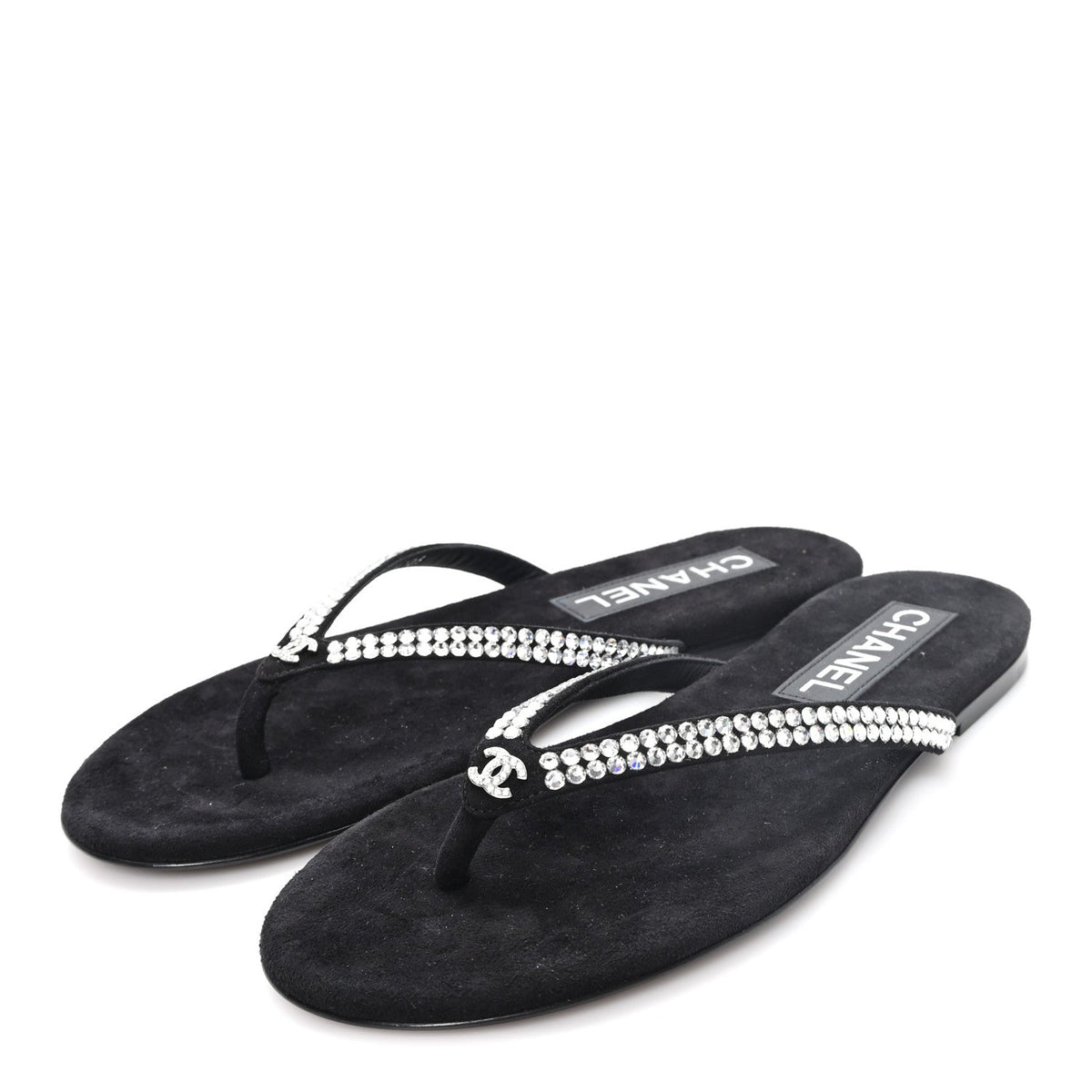 Suede Kidskin Strass CC Thong Sandals 36 Black