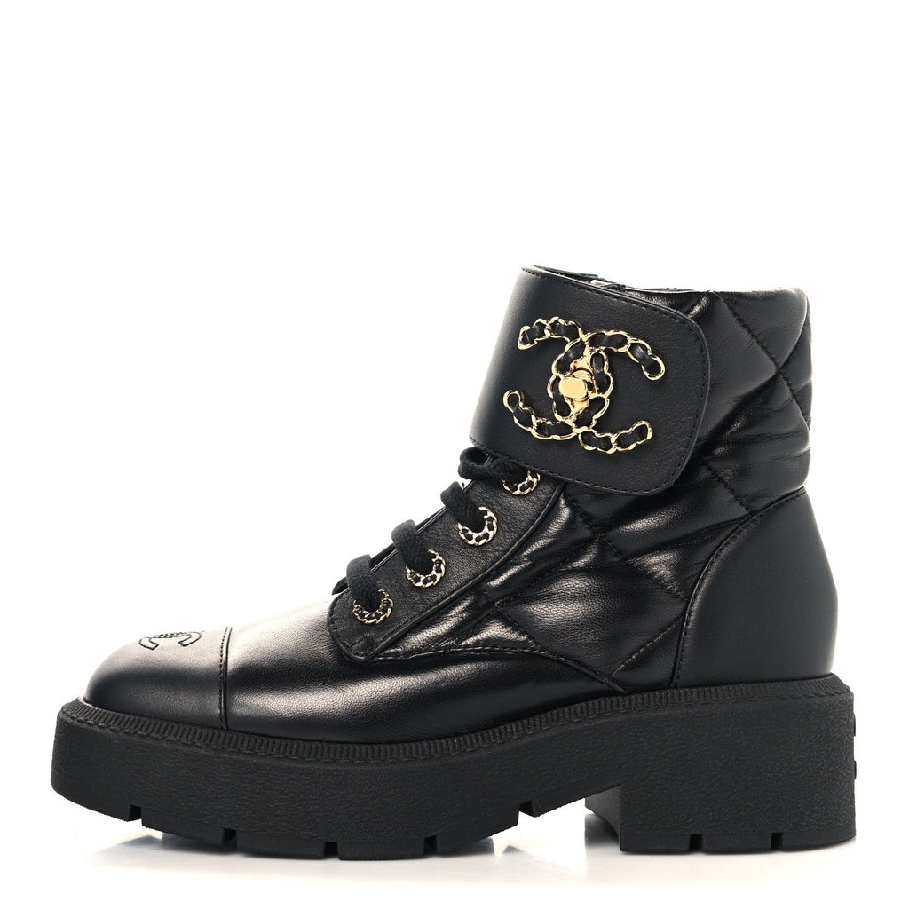 Lambskin Calfskin Quilted Lace Up Combat Boots 36.5 Black