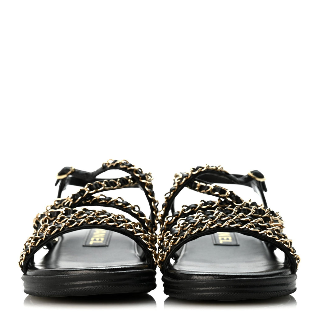 Lambskin Metal Chain Ankle Strap Sandals 36.5 Black