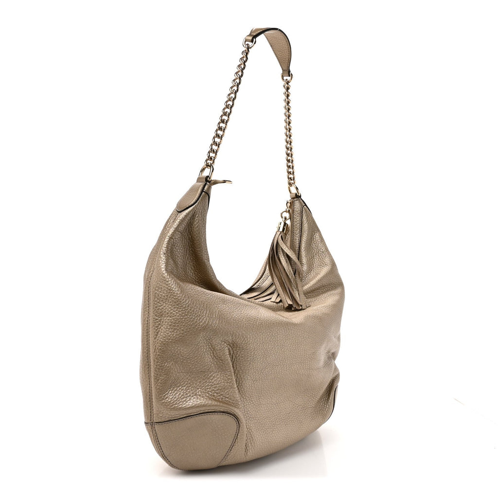 Metallic Pebbled Calfskin Medium Soho Chain Hobo Golden Beige