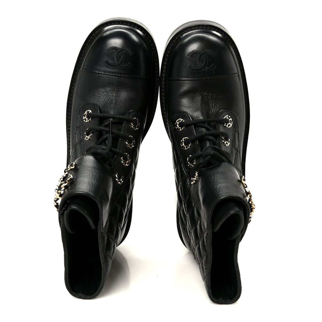 Shiny Goatskin Calfskin Quilted Lace Up Combat Boots 37.5 Black