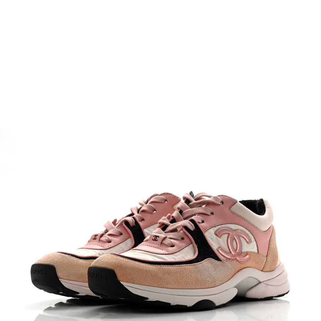 Nylon Lambskin Suede Calfskin CC Sneakers 40 Pink White Black