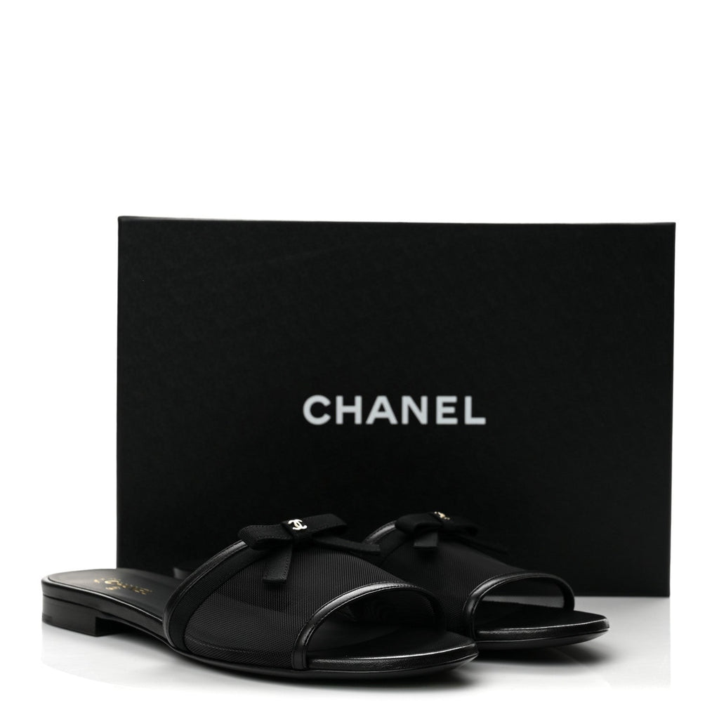 Mesh Lambskin CC Bow Mules 40 Black