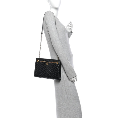 Azalea Calfskin Matelasse Heart Medium GG Marmont Slim Shoulder Bag Black
