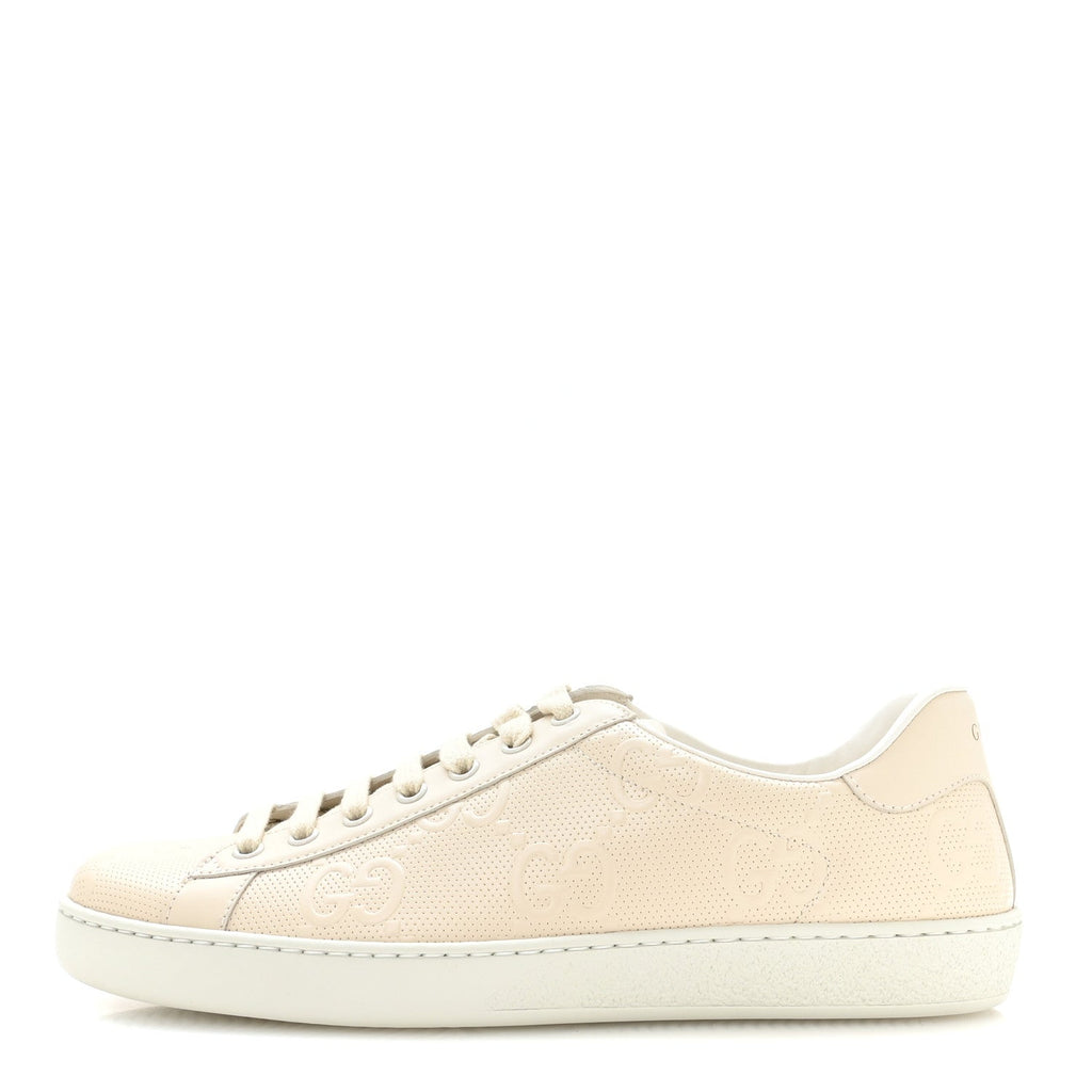 Calfskin GG Tennis Embossed Mens Ace Sneakers 8 Mystic White
