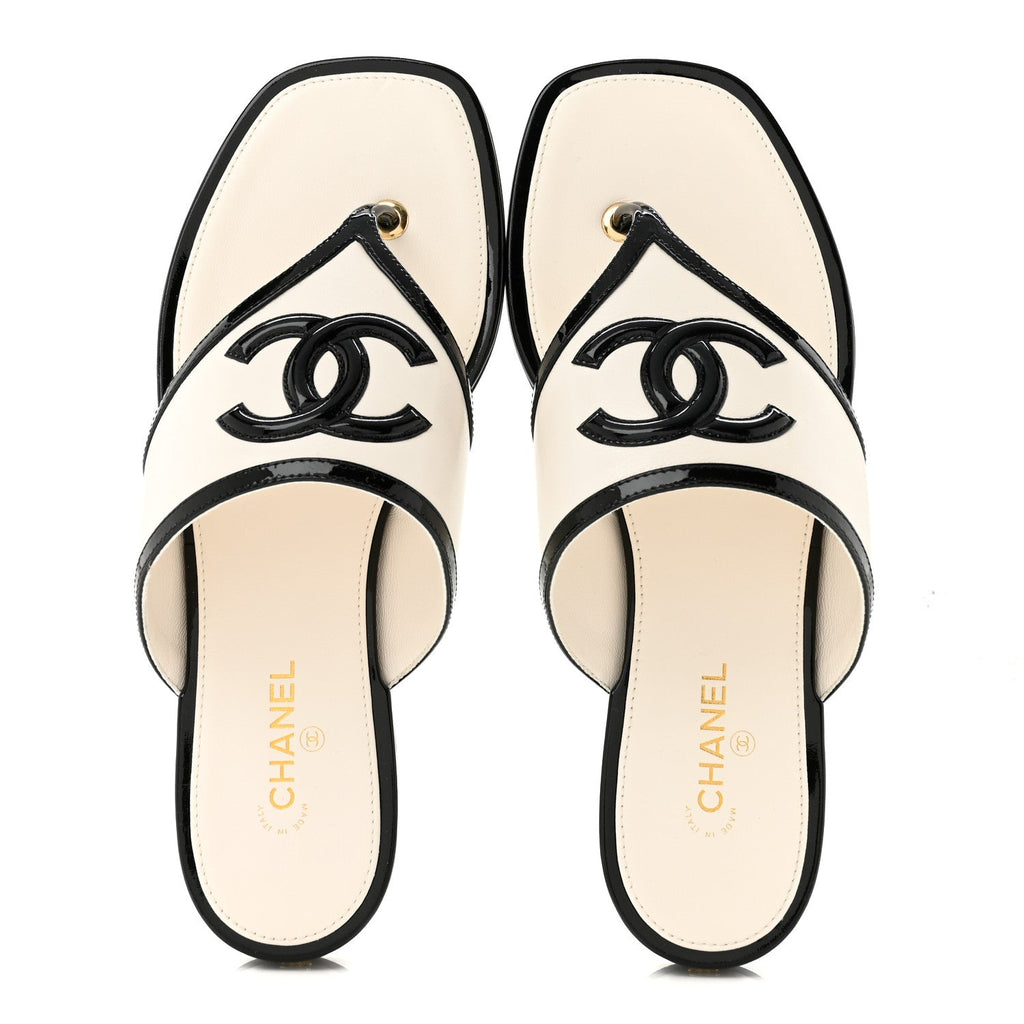 Lambskin Patent Calfskin CC Thong Sandals 38.5 White Black