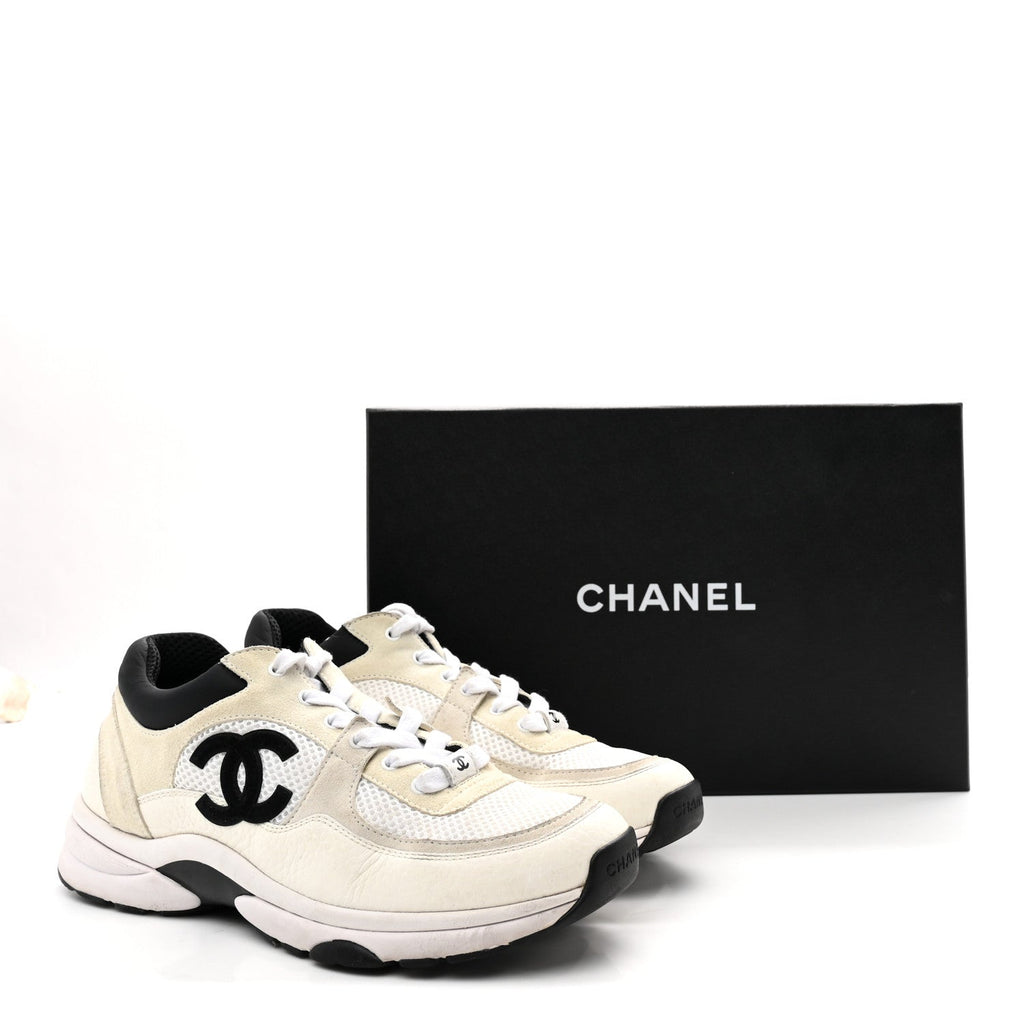 Mesh Suede Calfskin Grained Calfskin Womens CC Sneakers 39.5 White Black
