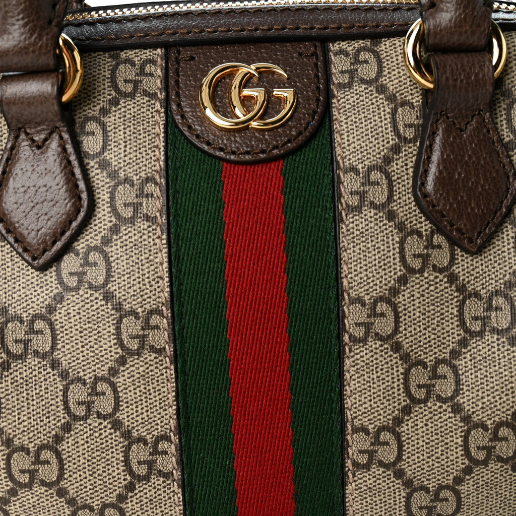 GG Supreme Monogram Textured Dollar Calfskin Web Mini Ophidia Top Handle Bag Beige Ebony New Acero
