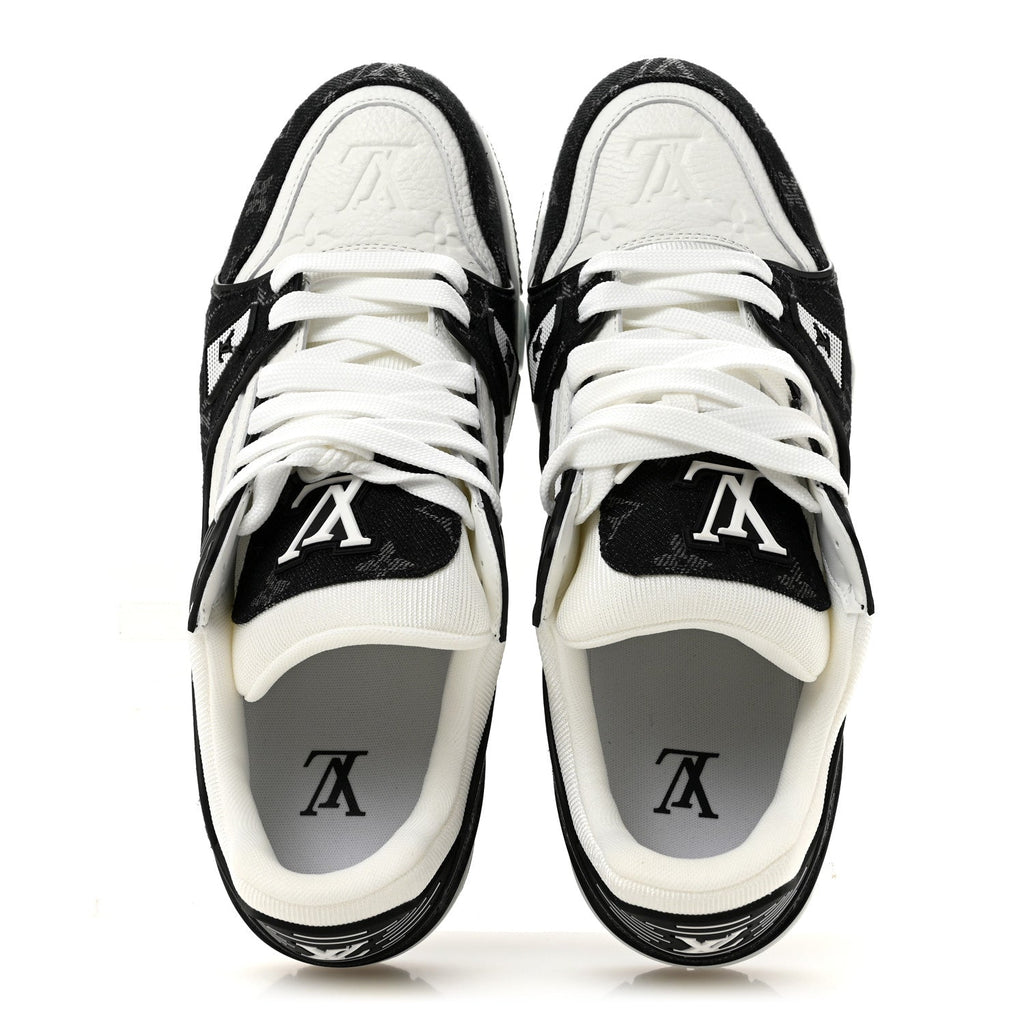 Calfskin Embossed Monogram Denim Womens LV Trainer Sneakers 41 Black 41 Black