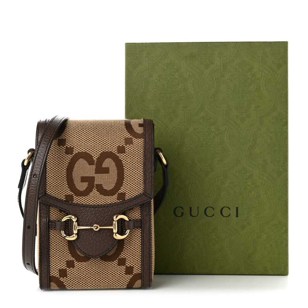 Monogram Jumbo GG Textured Dollar Calfskin Mini Horsebit 1955 Crossbody Bag Camel Ebony New Acero