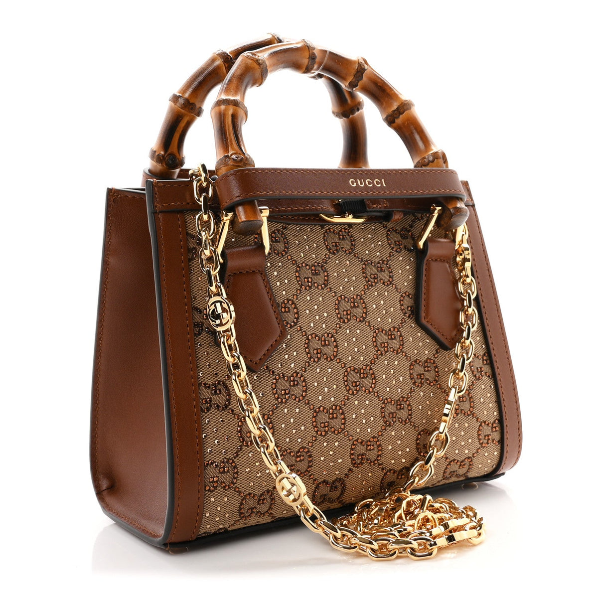 New Canvas Charisma Calfskin Crystal GG Monogram Mini Diana Tote Bag Camel Ebony
